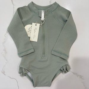NWT Dusty Green Rylee + Cru One Peice Long Sleeve Rash Guard Swim Suit 3-6m